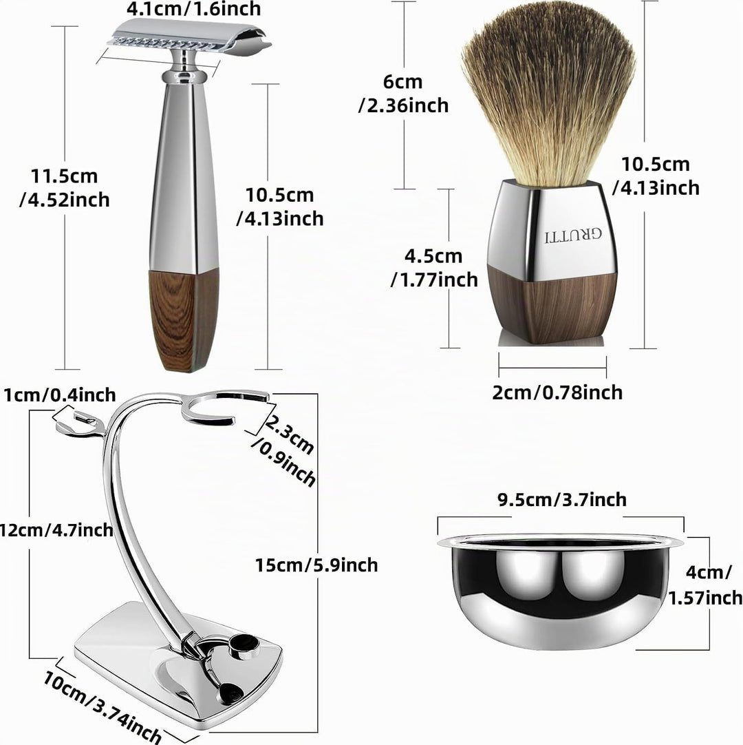 GRUTTI Vintage Deluxe Rasierset：Nassrasier-Set mit Magnet-Schale, Edelstahl Bürstenständer& Anti-Rut
