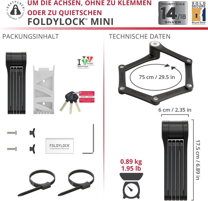 FoldyLock Mini Faltschloss mit Schlüssel - Patentiertes Testsieger Fahrradschloss mit Halterung für