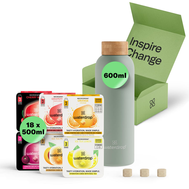 waterdrop® Starter Set - 600ml Trinkflasche mit Geschmack inkl. 18 zuckerfreie Drops - Geschenk für