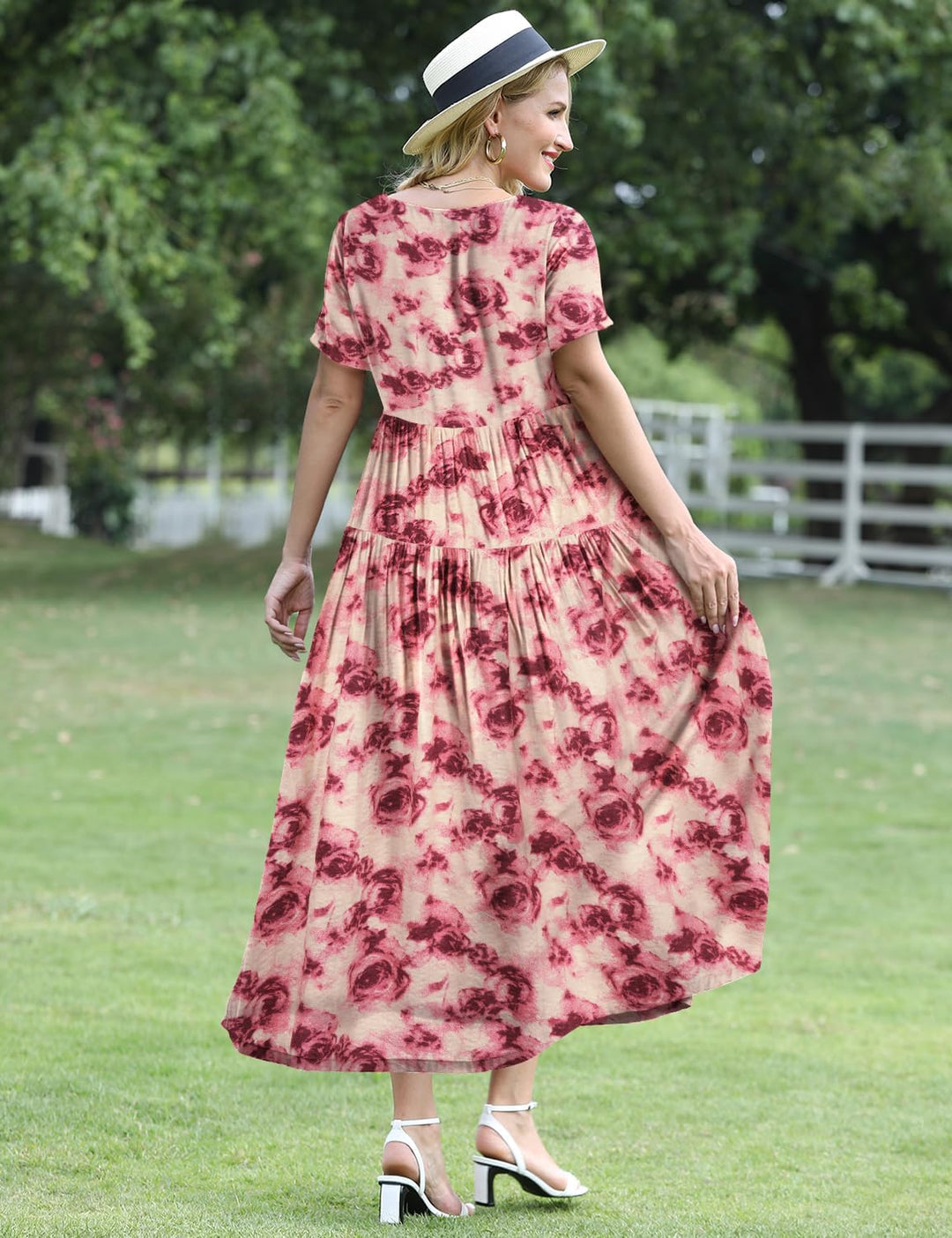 YESNO Damen Kleider Freizeit Lose Sommerkleid Lang Boho Maxikleid für Rundhals Strandkleid Blumenkle