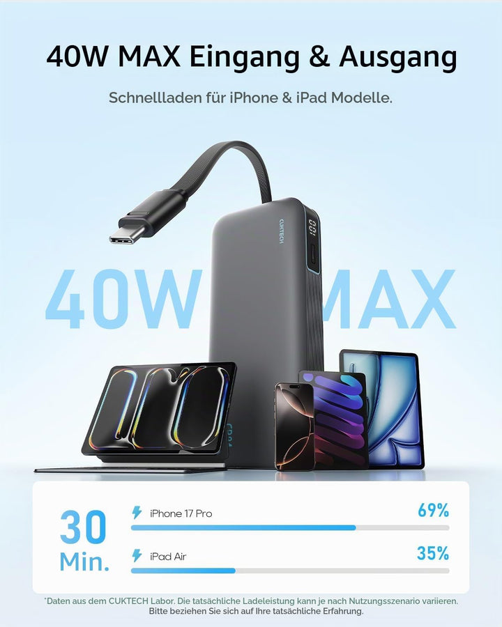 CUKTECH CP24 20000 mAh Powerbank mit Integriertem USB-C-Kabel, 40W PD Schnellladung Power Bank mit 3