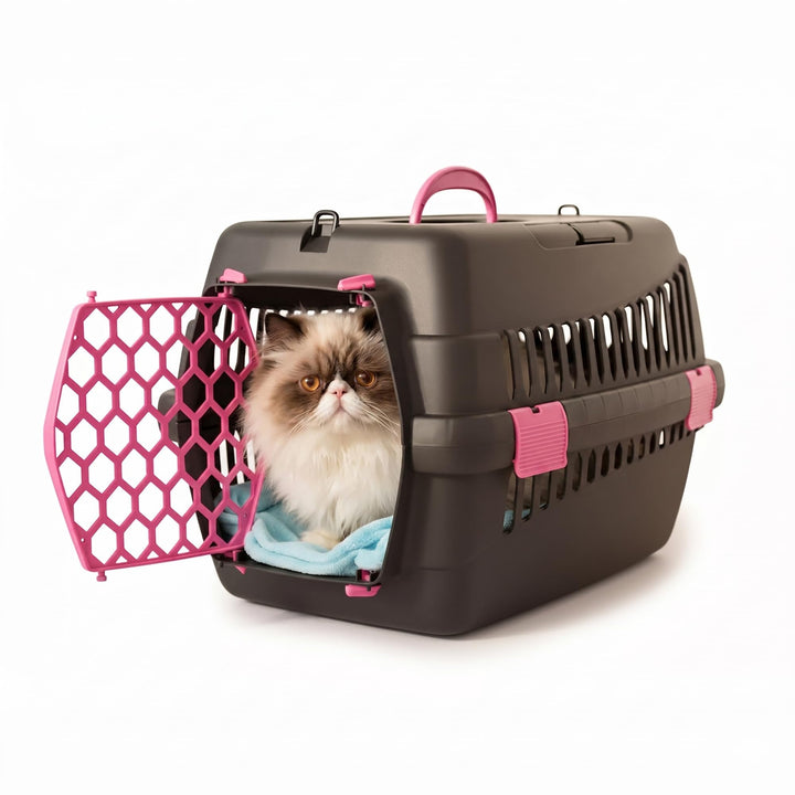 HAPPET Tiertransportbox Teddy M Fuchsia 56x37x37 cm – Robuste, gut belüftete Transportbox für Katzen
