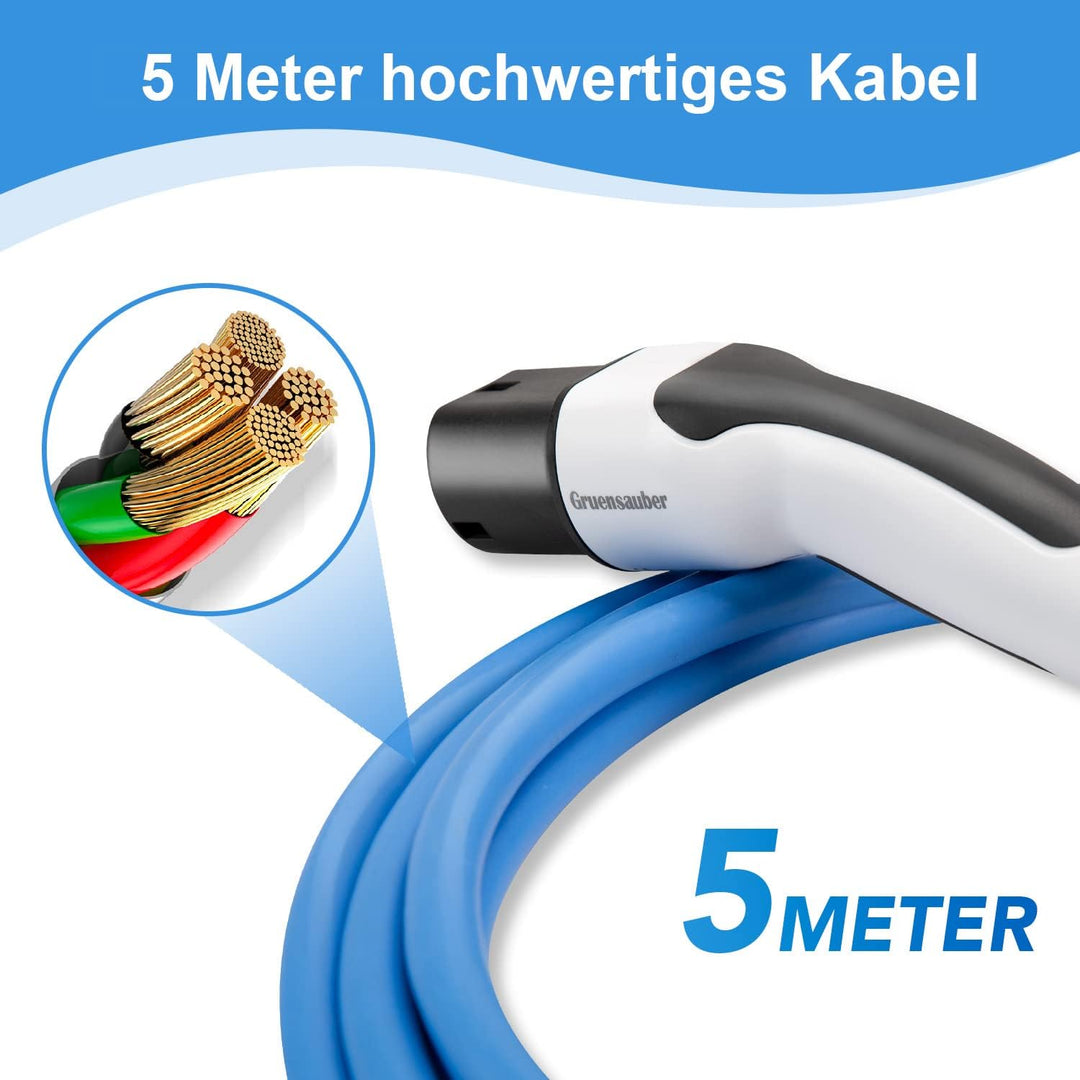 Gruensauber Typ 2 Ladekabel für EV/Elektroautos/PHEV, 7.2kW, 32A, 5 Meter, Einphasig Mode 3 Typ 2 au