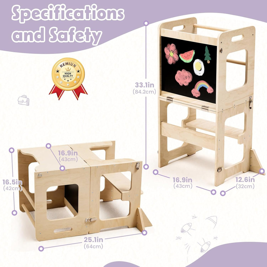 Labebe Lernturm für Kinder, Faltbarer Montessori Learning Tower, 3 in 1 Montessori Küchenhelfer Lern