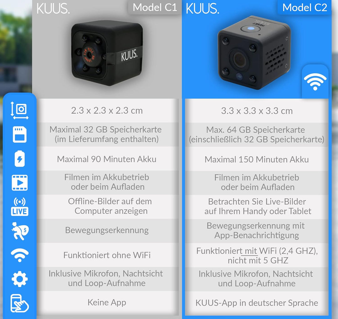 KUUS C2 Mini Kamera mit Bewegungsmelder: kompakte und mini Überwachungskamera innen, mini Kamera liv