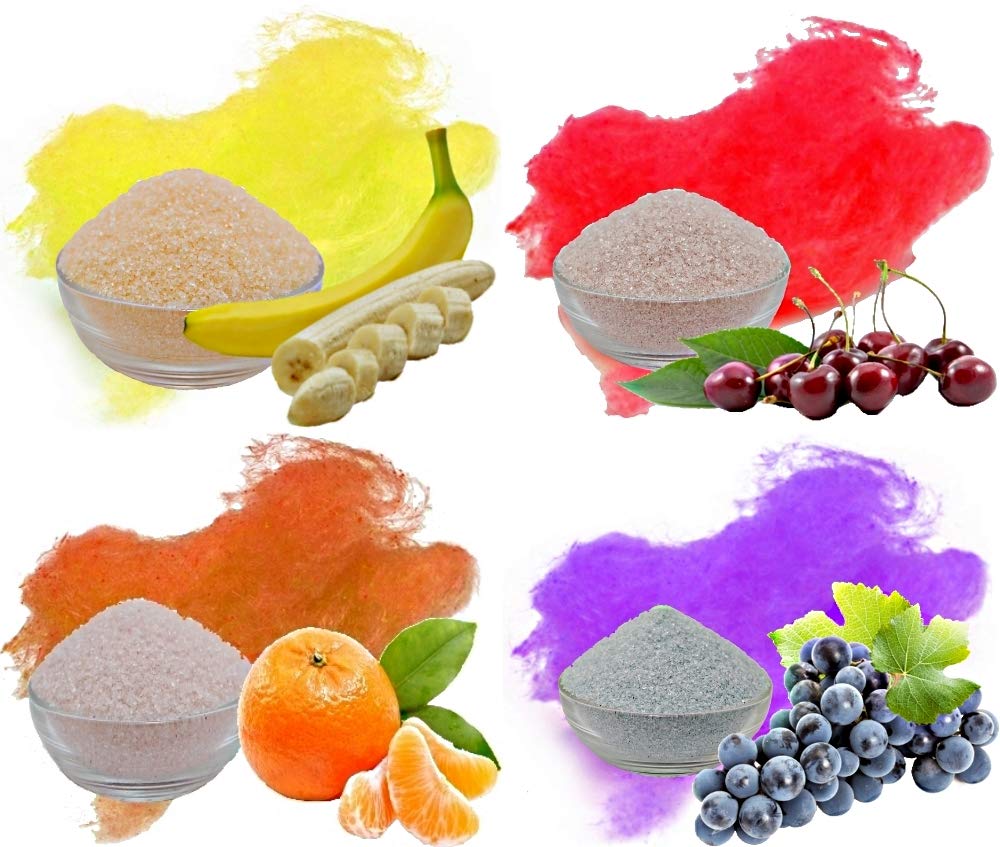 4x 500g Aromazucker Set mit Geschmack Banane Kirsche Apfelsine Traube farbiger Zucker für Zuckerwatt