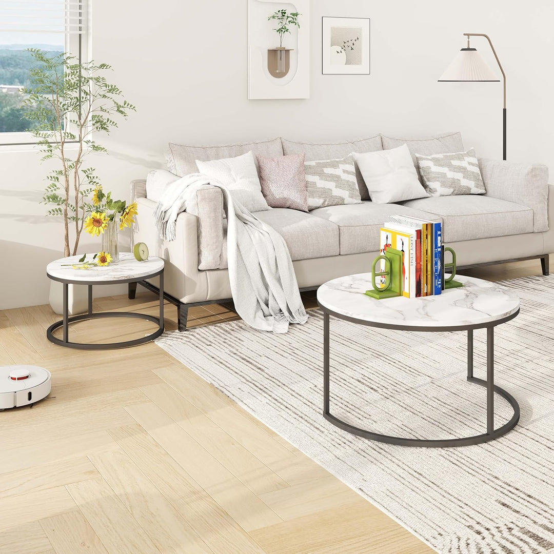 Couchtisch Schwarz, Couchtisch 2er Set mit 1 Grosser Couchtisch Rund und 1 Kleiner Tisch, Beistellti