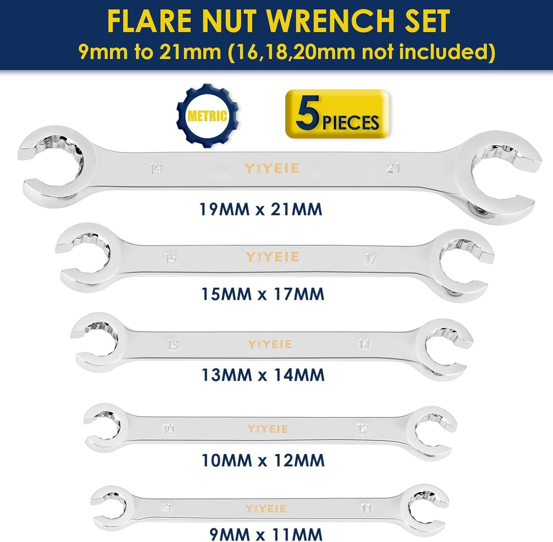 YIYEIE Bremsleitungsschlüssel Set 5-tlg I 9-21mm Offener Ringschlüsse I Chrom-Vanadium Stahl mit Las
