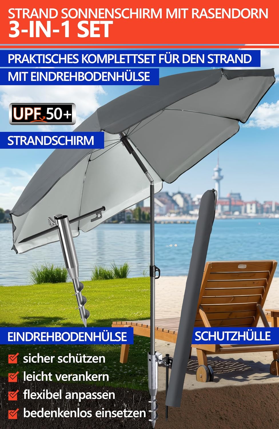 4smile Sonnenschirm Strand SET mit Eindrehbodenhülse, Ø 200 cm, Anthrazit | Strandschirm Windfest St
