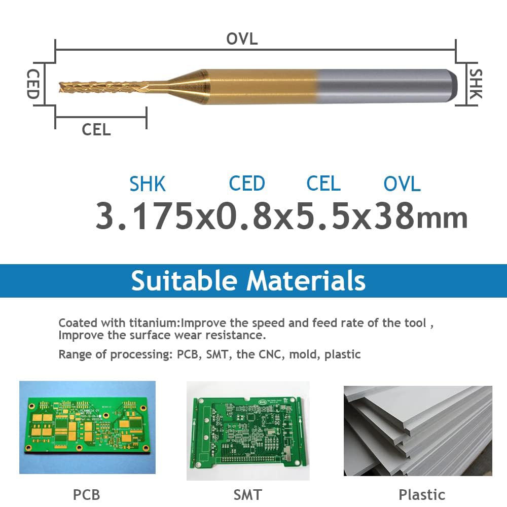EU_HOZLY Titan beschichtet 0.8mm Leiterplattenfräser CNC Rotary Burrs Packung mit 10, 0.8mm
