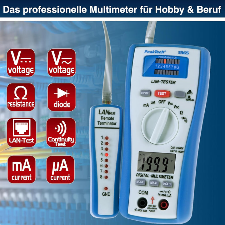 PeakTech 3365 – LAN Tester & Digital Multimeter, Netzwerkprüfgerät, Spannungsprüfer, Handmultimeter,