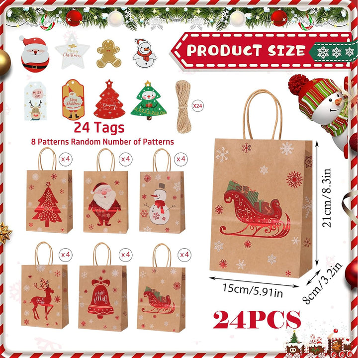 GeschenktüTen Weihnachten,24 Stück Weihnachts Kraft Geschenktaschen,Papiertüten Weihnachten Geschenk