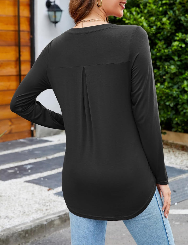 Beluring Damen Oberteile Kurzarm/Langarm Elegant T-Shirt V-Ausschnitt Plissee Top Einfarbig Longshir