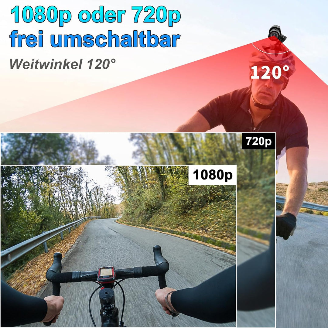 Mini Sportkamera, 120°Weitwinkel Fahrrad Helmkamera, HD 1080P wasserdichte Sports Kamera mit Zubehör