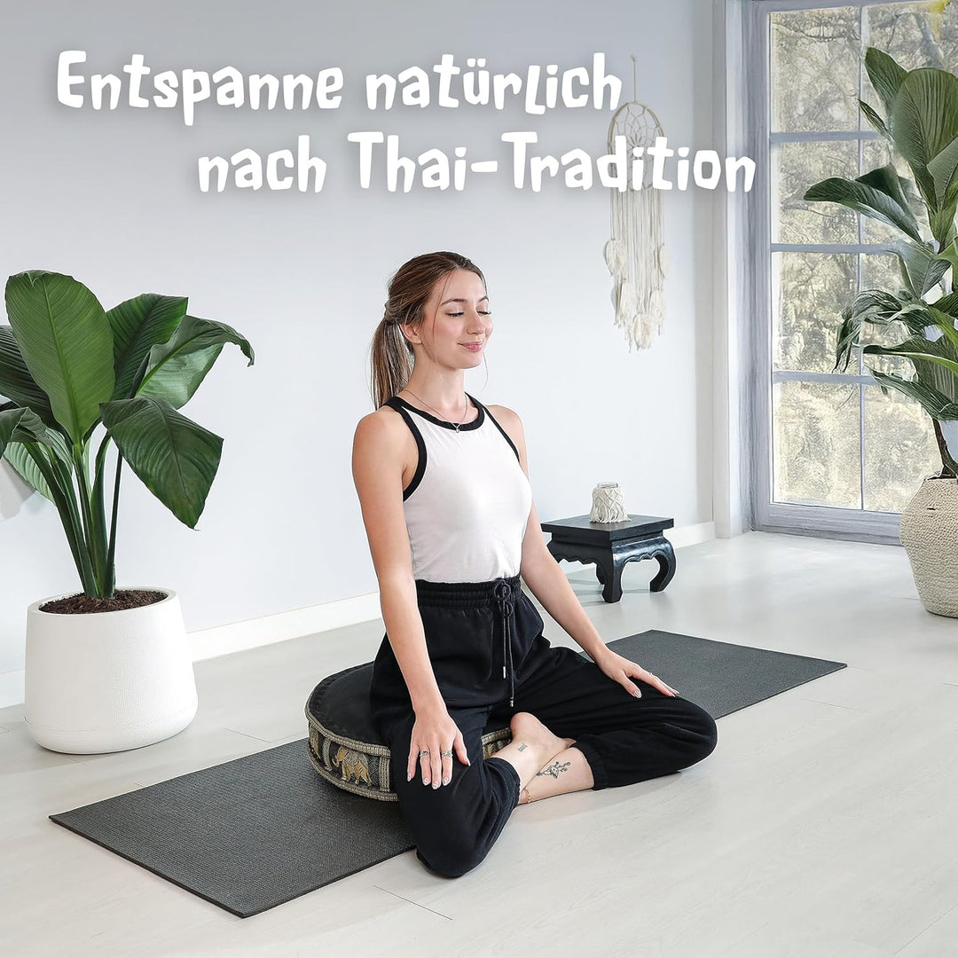 livasia Meditationskissen mit Thaiseide - Ø 45x15cm - Yogakissen mit Kapok, Pouf, Bodenkissen für Yo