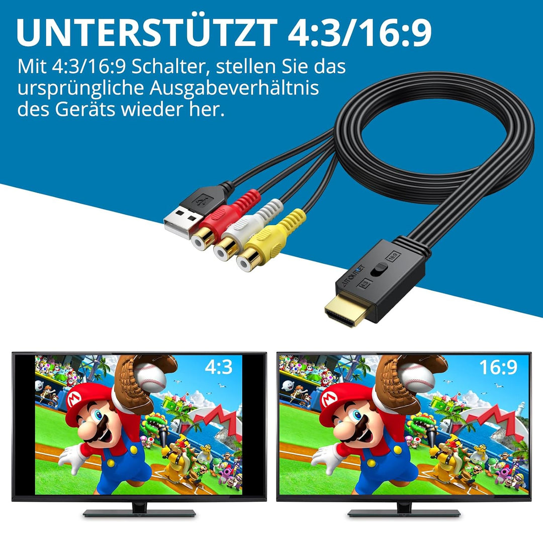 AUTOUTLET RCA auf HDMI Konverter, 1080P AV auf HDMI Adapter unterstützt 16:9/4:3 Konvertierung, PAL/