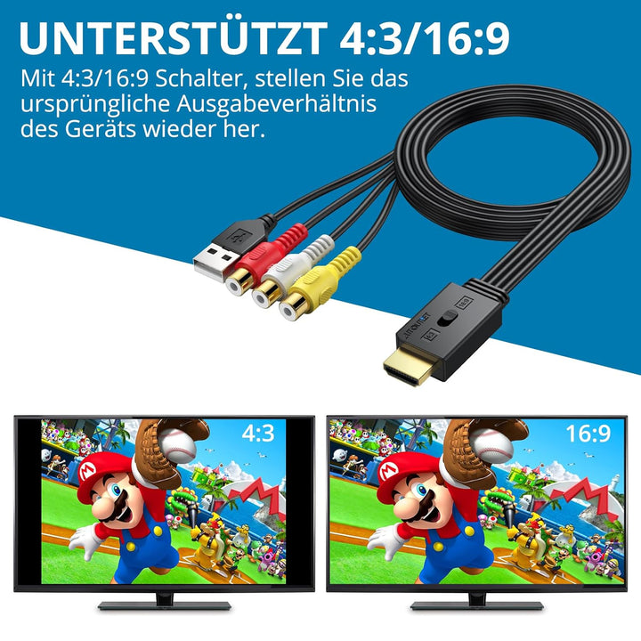 AUTOUTLET RCA auf HDMI Konverter, 1080P AV auf HDMI Adapter unterstützt 16:9/4:3 Konvertierung, PAL/