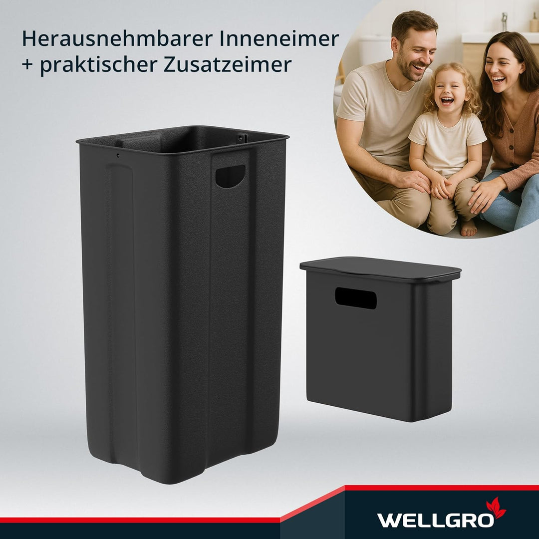 WELLGRO Treteimer, Mülleimer, Edelstahl Tretmülleimer mit 2 x 30 Liter, klappbaren Fusspedalen, Abse