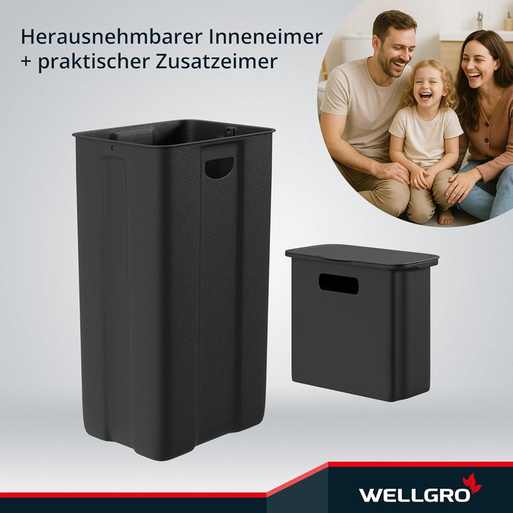 WELLGRO Treteimer, Mülleimer, Edelstahl Tretmülleimer mit 2 x 30 Liter, klappbaren Fusspedalen, Abse
