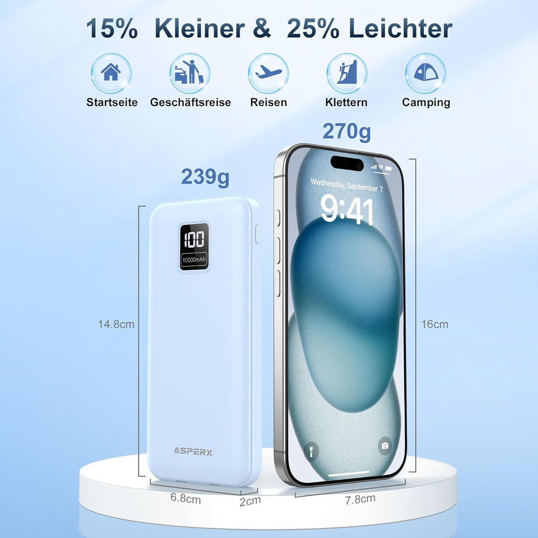 AsperX 2er Powerbank 10000mAh mit USB-C Kabel,4 Ausgängen Schnellladen,Power Bank Klein Aber Stark m
