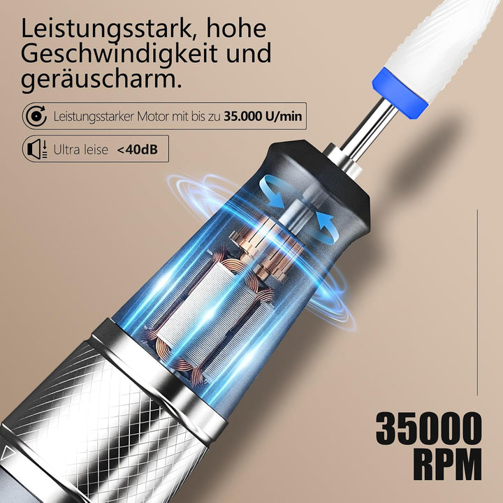 Elektrische Nagelfräser 35000 U/min mit LCD und 12 Aufsätzen | Elektrische Nagelfräser kabellos mit