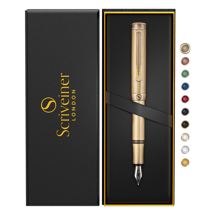 Scriveiner Luxus EDC Füllfederhalter (fein), schwerer Messing-Taschenfüller, Handgebürstetes Finish,