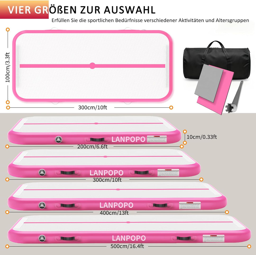 Airtrack Gymnastikmatte – Aufblasbare Turnmatte 2M/3M/4M/5M in Pink, Luftdicht, Weich aber Stabil, E