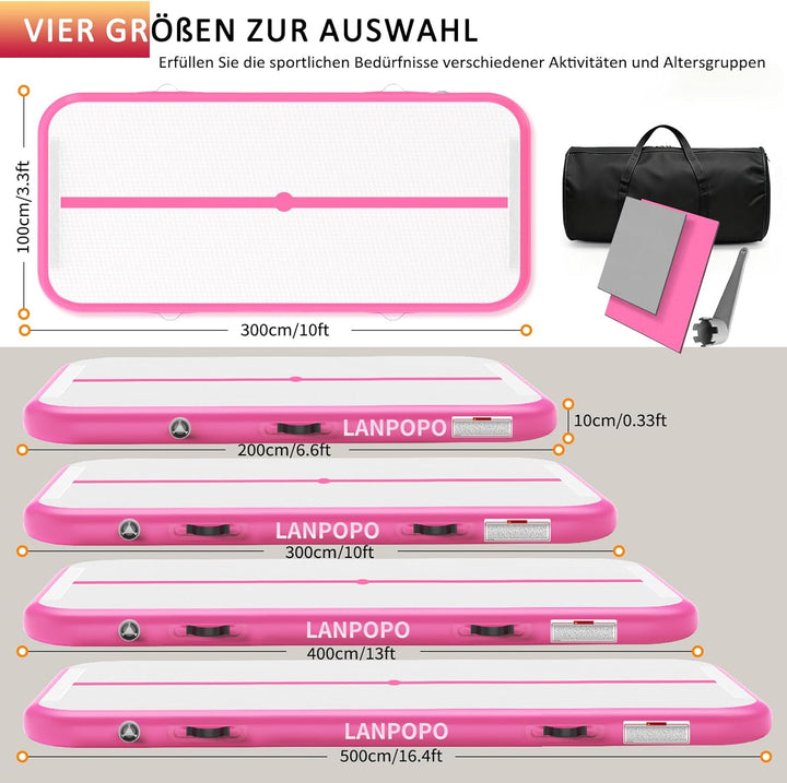 Airtrack Gymnastikmatte – Aufblasbare Turnmatte 2M/3M/4M/5M in Pink, Luftdicht, Weich aber Stabil, E