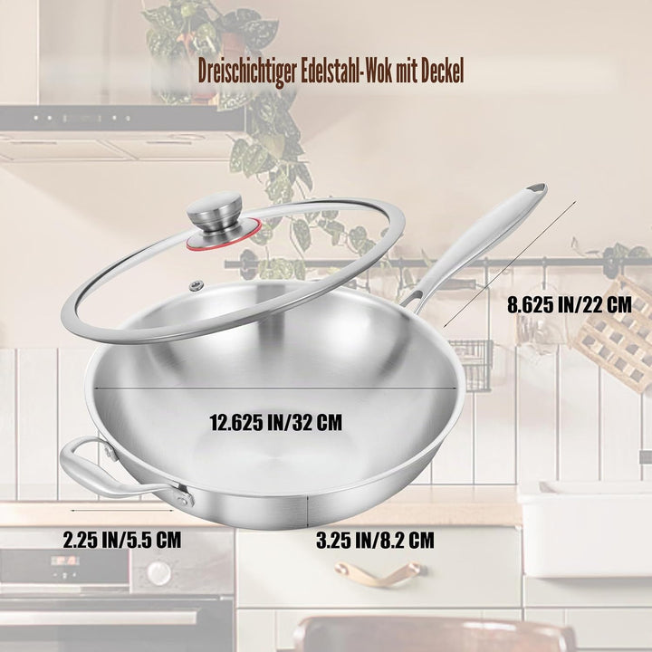 LOLYKITCH 32 cm dreilagige Edelstahl-Wokpfanne mit Deckel, Stri-Bratpfanne, Induktionspfanne, spülma
