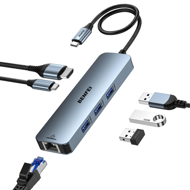 BENFEI 6in1 USB C HUB mit HDMI 4K@60Hz/ Gigabit Ethernet/100W PD Stromversorgung/3*USB A 5Gbps [Sili
