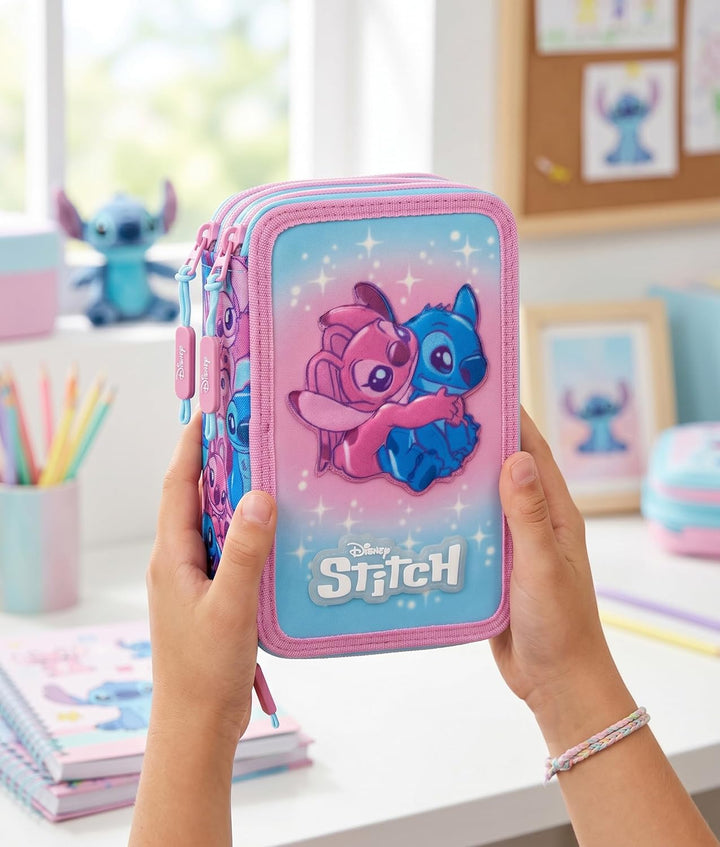 3-Fach Federmäppchen Mädchen Gefüllt für Stitch Fan – Schulmäppchen Set 46 Teile mit Radierbaren Sti