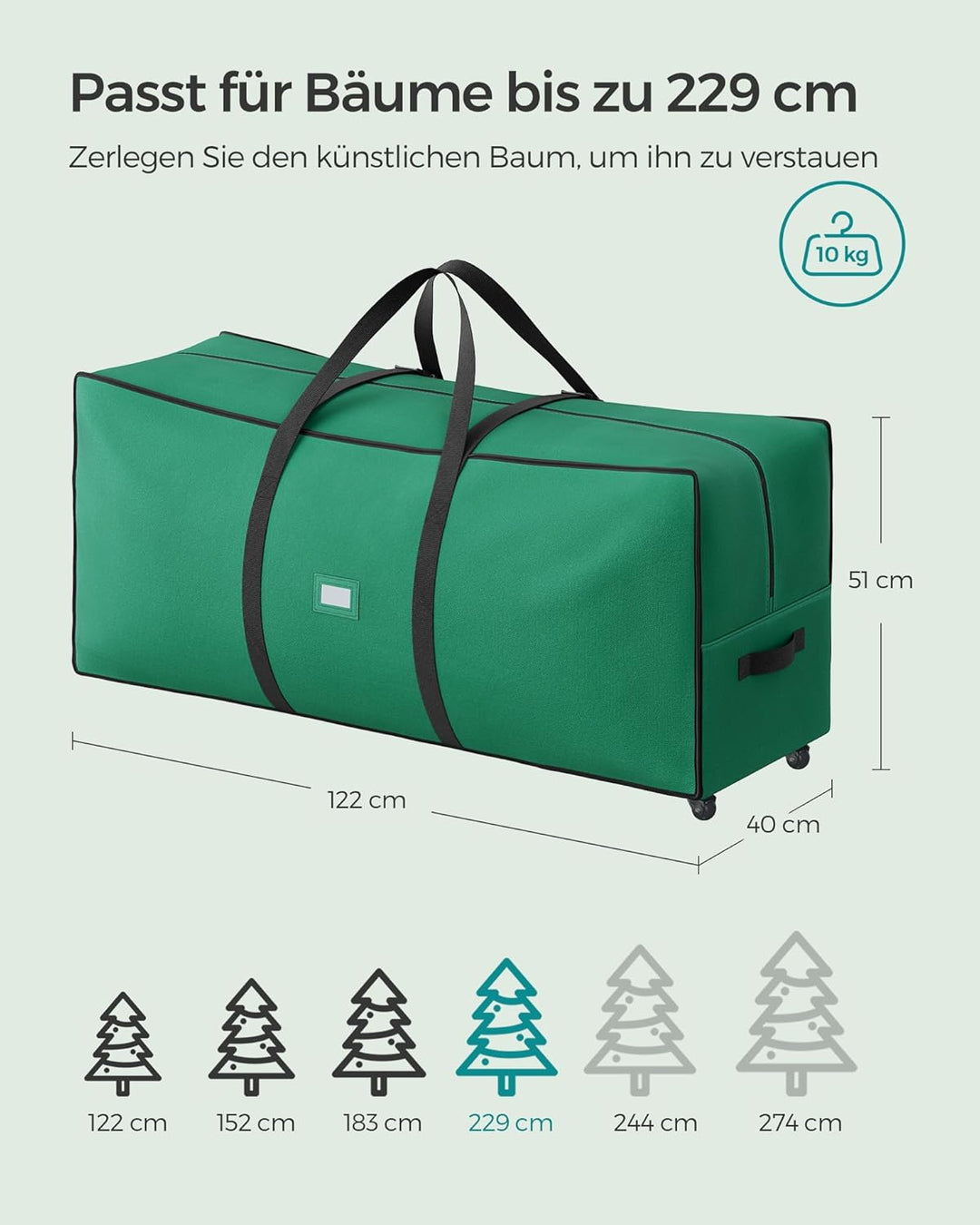 SONGMICS Aufbewahrungstasche für Weihnachtsbaum, Tragetasche auf Rollen, für Bäume bis zu 229 cm, fü