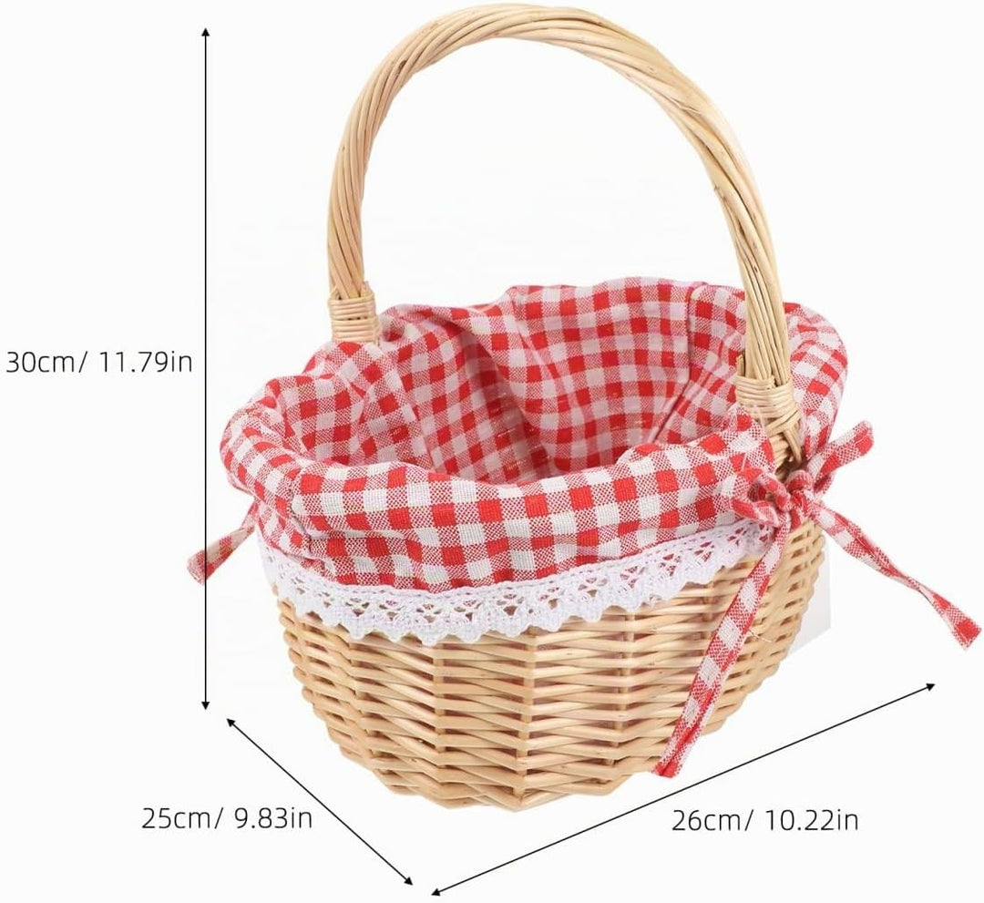 Vintage-Osterkorb Aus Weide Klein: Süsser Leerer Picknickkorb – Rot Kariert Mit Griff Für Eier Süssi