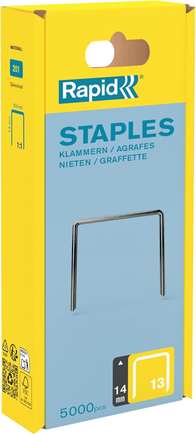 Rapid Tackerklammern Typ 13, 14mm Klammern, 5.000 Stk. Kunststoffbox, Feindrahtklammern für Holz und