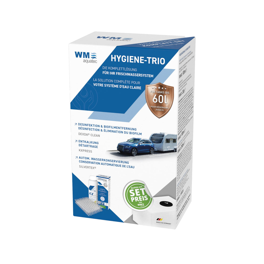 WM aquatec – Hygiene-Trio für Frischwassersysteme bis 60L Tankgrösse – Wasserhygiene für Wohnmobile,