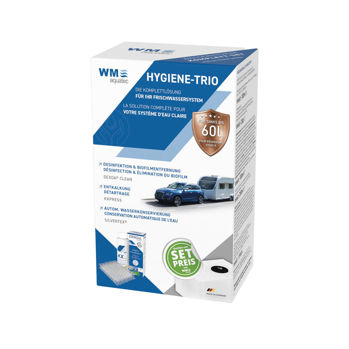 WM aquatec – Hygiene-Trio für Frischwassersysteme bis 60L Tankgrösse – Wasserhygiene für Wohnmobile,