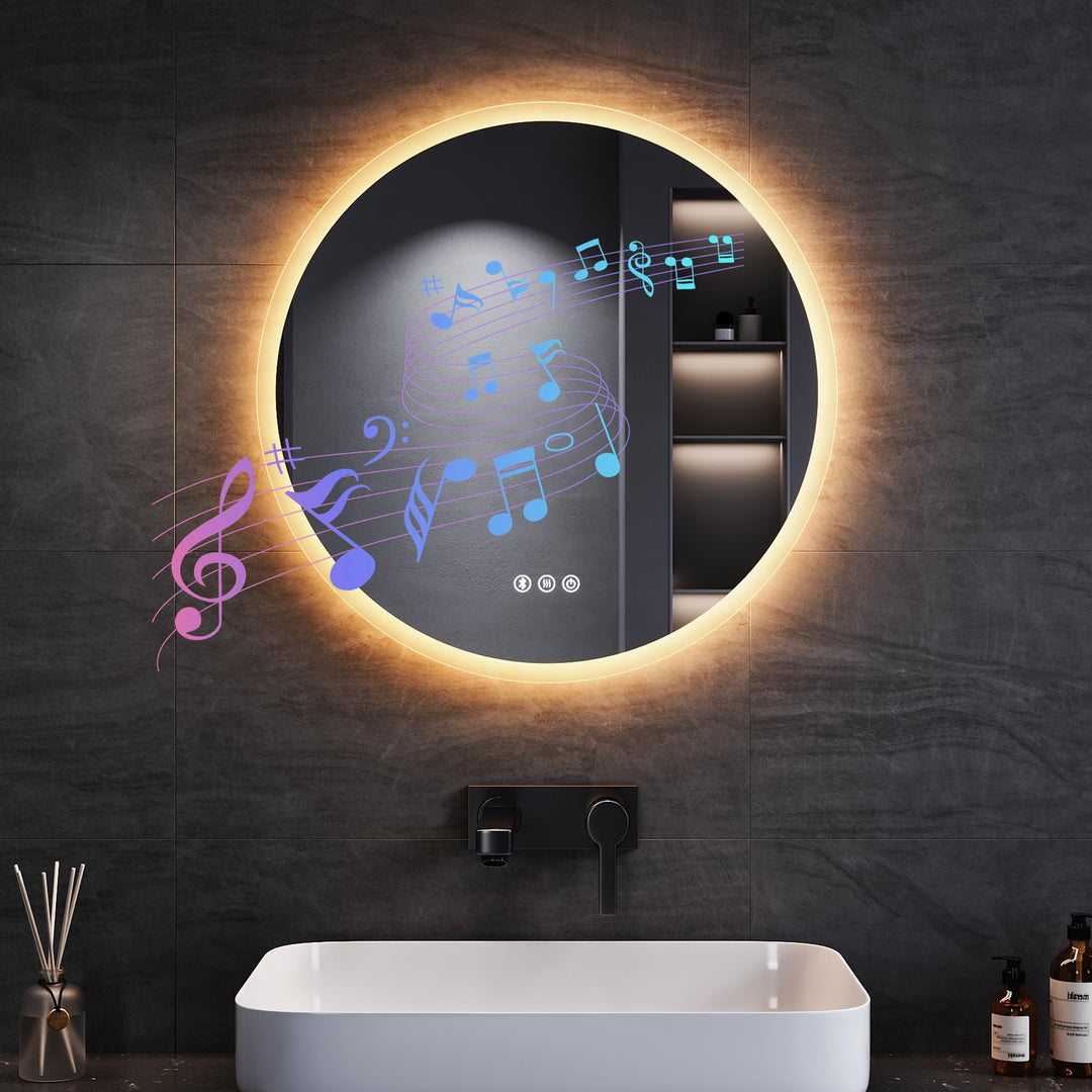 SONNI Badspiegel mit Beleuchtung Rund 60 cm, LED Spiegel mit Bluetooth und Touch-Schalter, Dimmbar,
