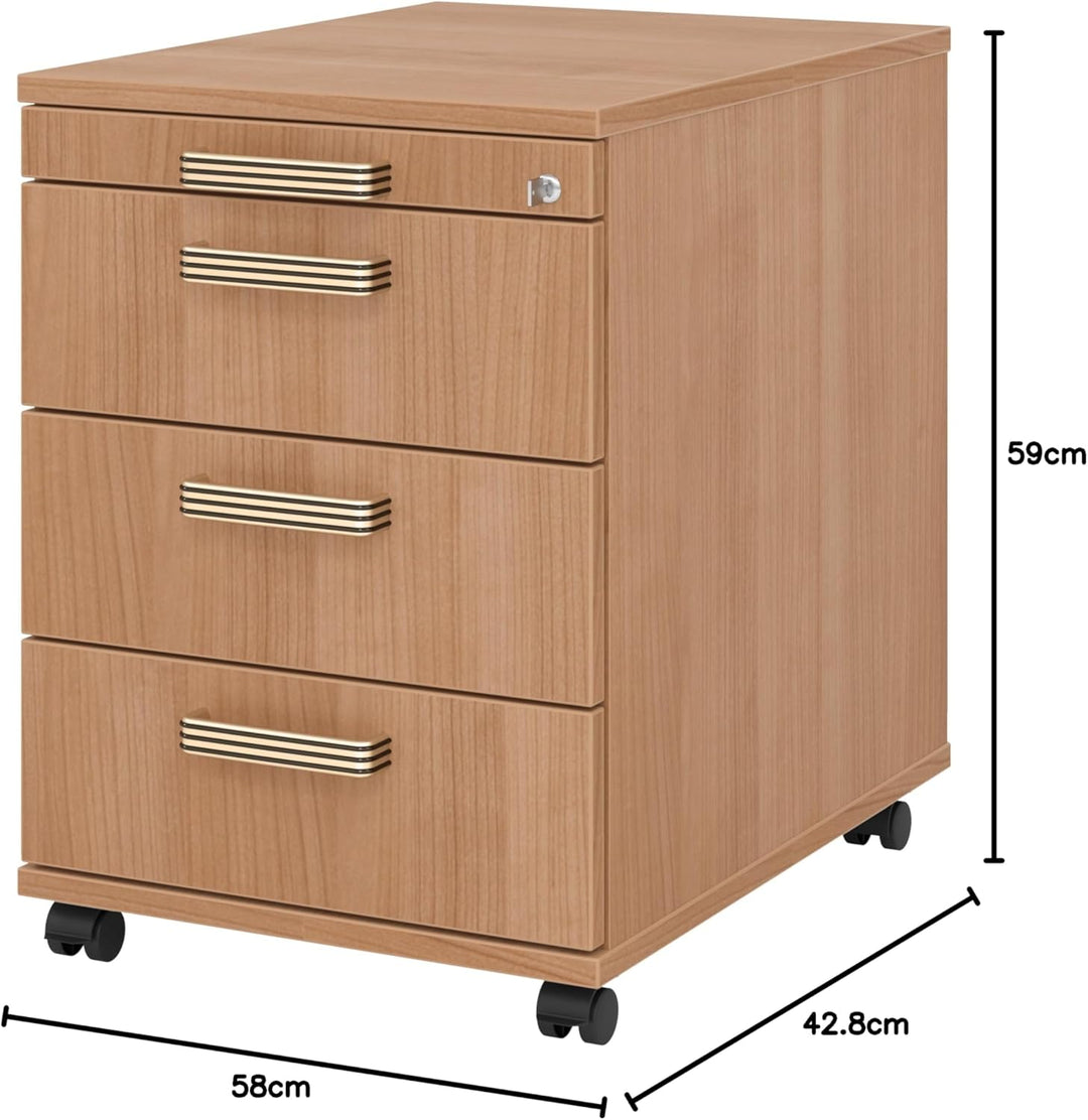bümö Rollcontainer mit Schubladen, Container abschliessbar aus Holz in Nussbaum - Rollwagen für's Bü
