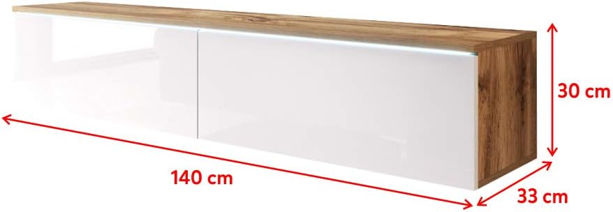 Selsey Kane – TV-Lowboard TV-Schrank hängend/stehend 140 cm (Wotan Eiche Matt/Weiss Hochglanz mit LE