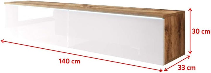 Selsey Kane – TV-Lowboard TV-Schrank hängend/stehend 140 cm (Wotan Eiche Matt/Weiss Hochglanz mit LE
