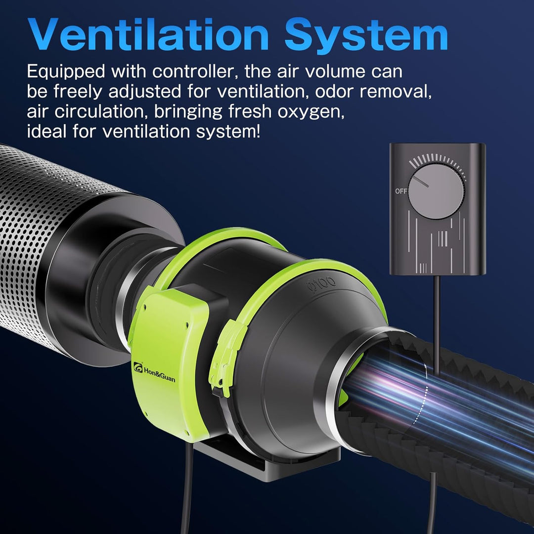 Hon&Guan Rohrventilator 100mm Regelbar mit Drehzahlregler, Rohrlüfter Rauchabsaugung mit EU-Stecker,