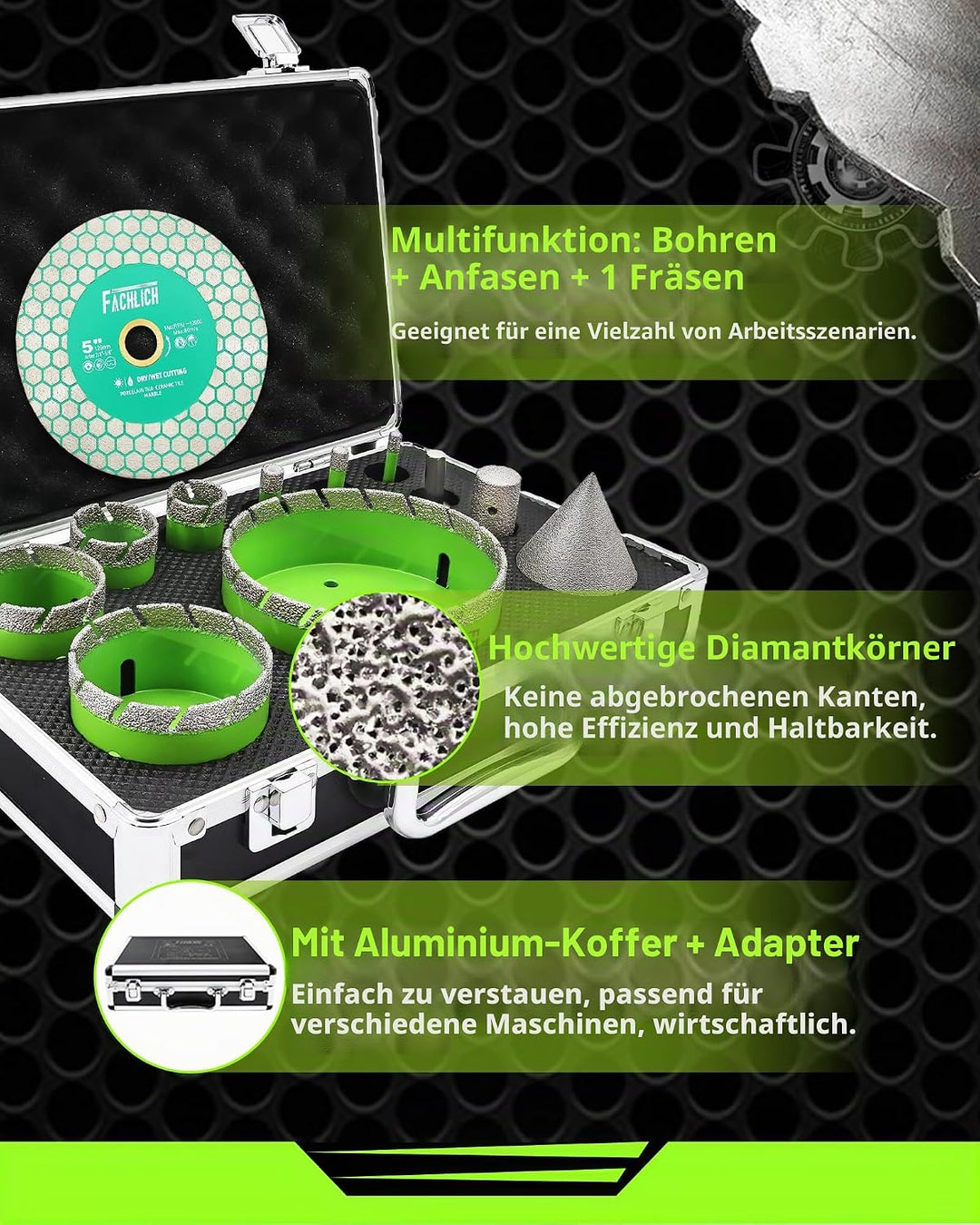 Diamant Fliesenbohrer Set – Diamantbohrer Lochsge 6/8/10/25/35/50/68/110mm mit Fingerbohrer und Fase