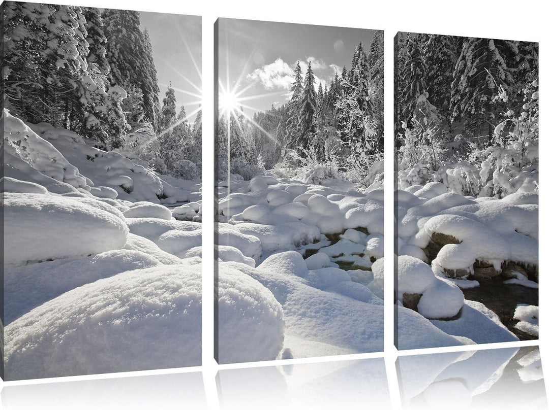 Pixxprint Sonnenstrahlen im schneebedeckten Wald B&W Detail 3-Teiler Leinwandbild 120x80 Bild auf Le