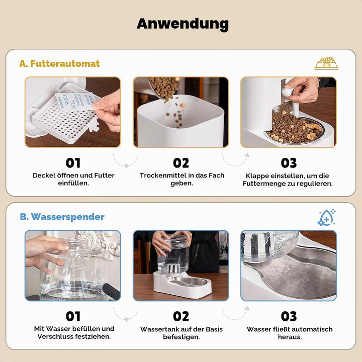 JUNSPOW Automatischer Katzenfutterspender Hund Wassernapfspender Set mit Edelstahlnapf, Einstellbare