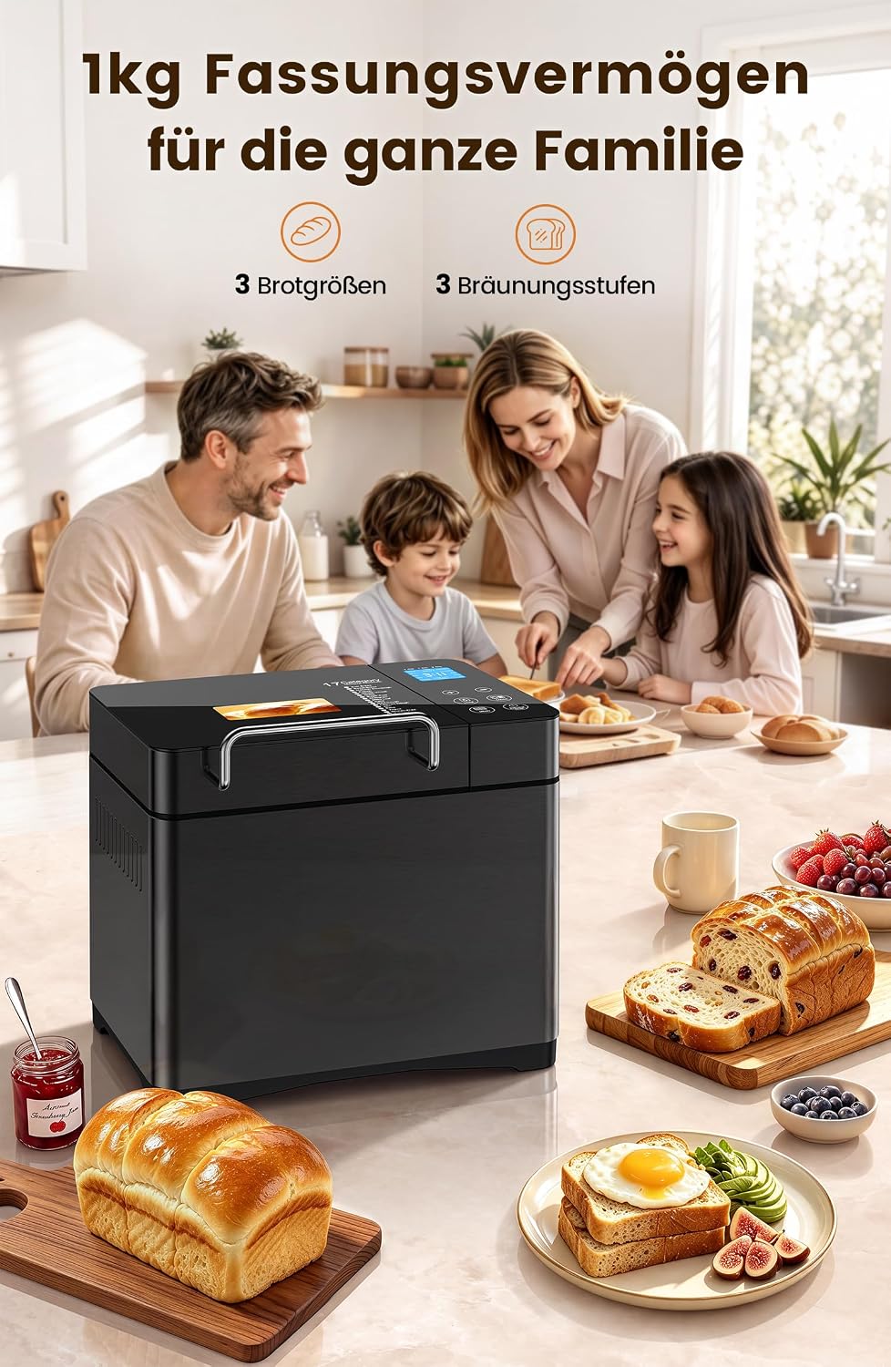 710W 1KG Konvektions Brotbackautomat mit Doppelten Heizrohren, 17 in 1 Edelstahl Brotbackmaschine, K