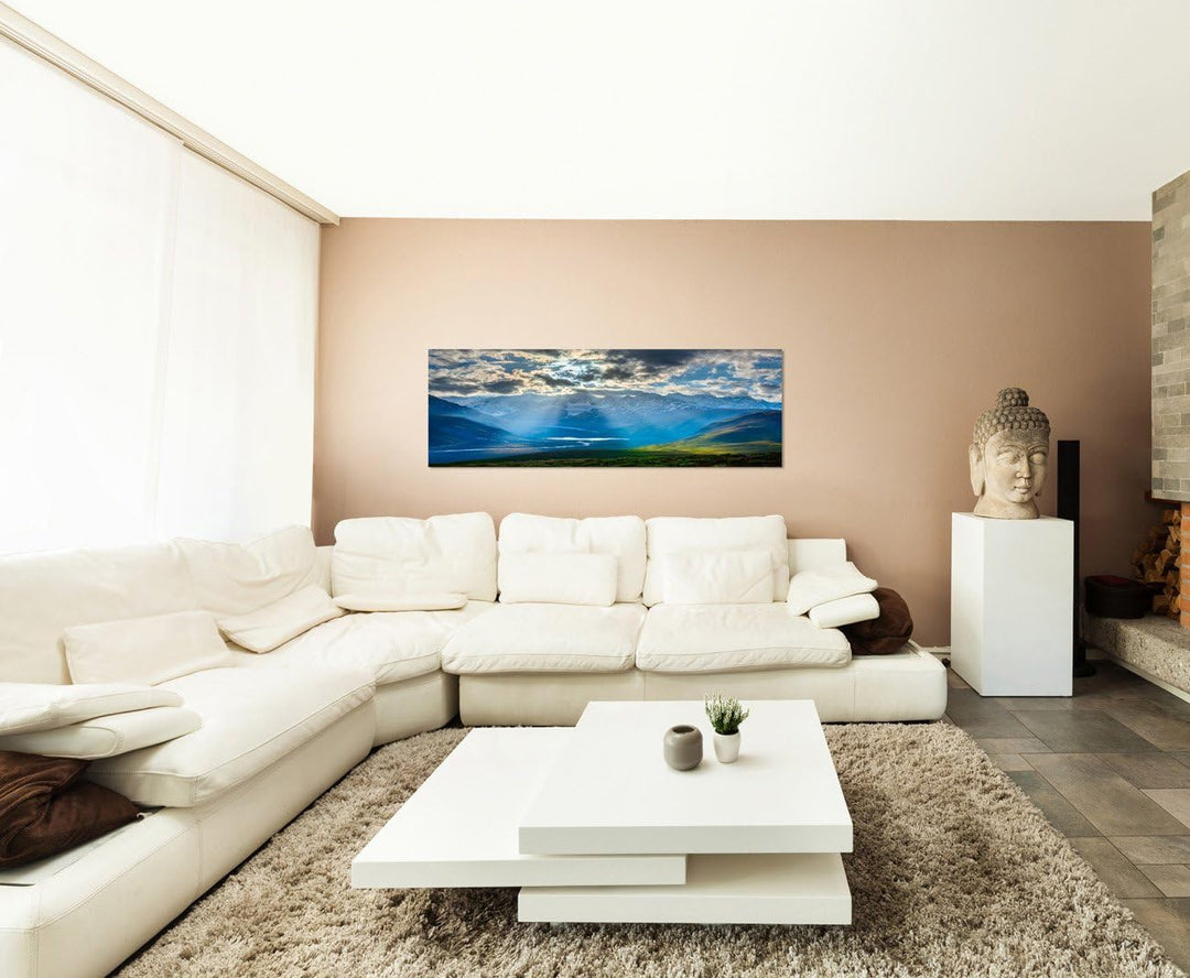 Paul Sinus Art Panoramabild auf Leinwand und Keilrahmen 120x40cm Himalaya Berge Fluss Wiesen Sonnena