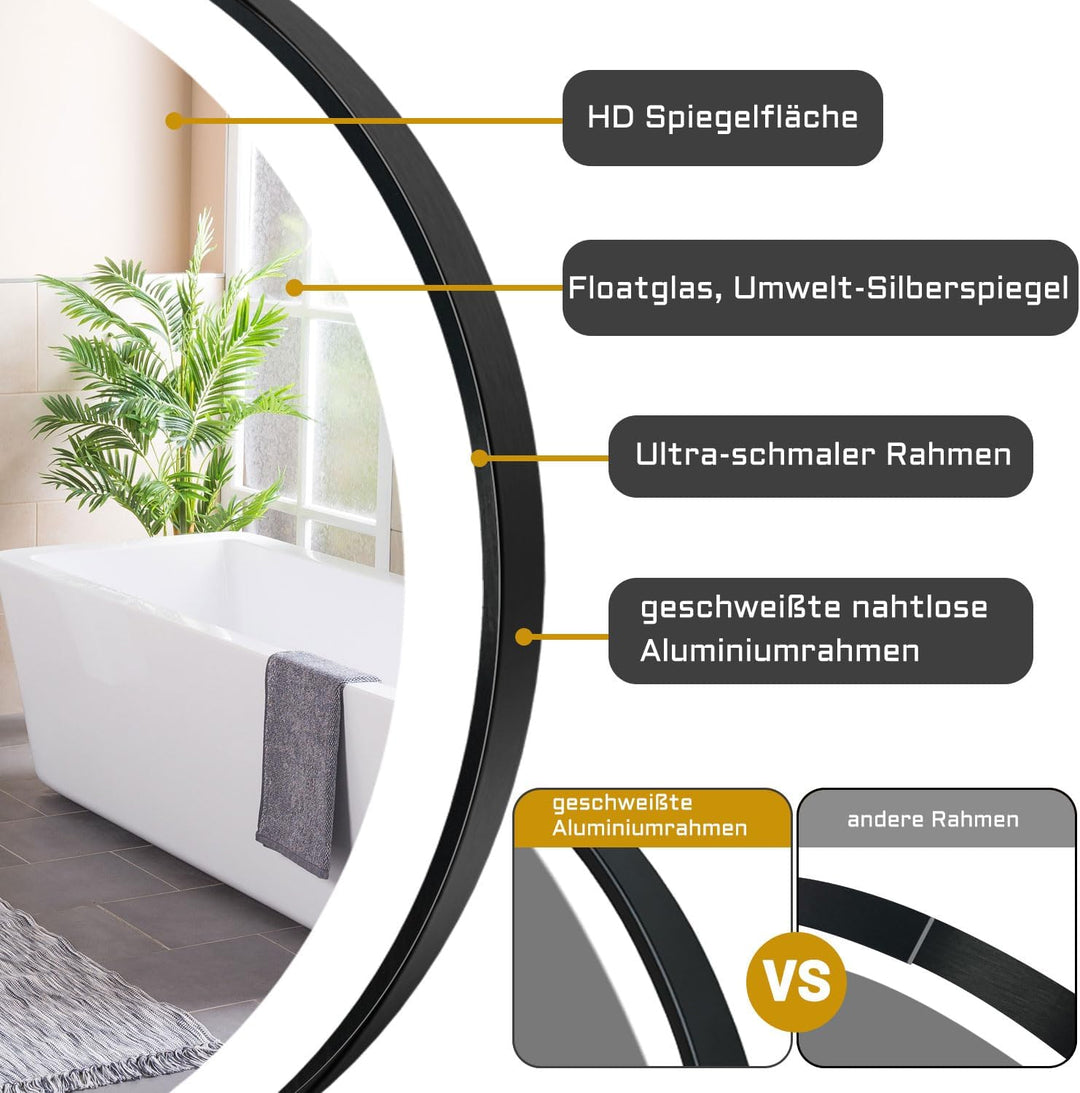 Aica Sanitär Badspiegel Rund 80cm Schwarz Spiegel mit LED Beleuchtung Warm/Neutral/Kaltweiss dimmbar