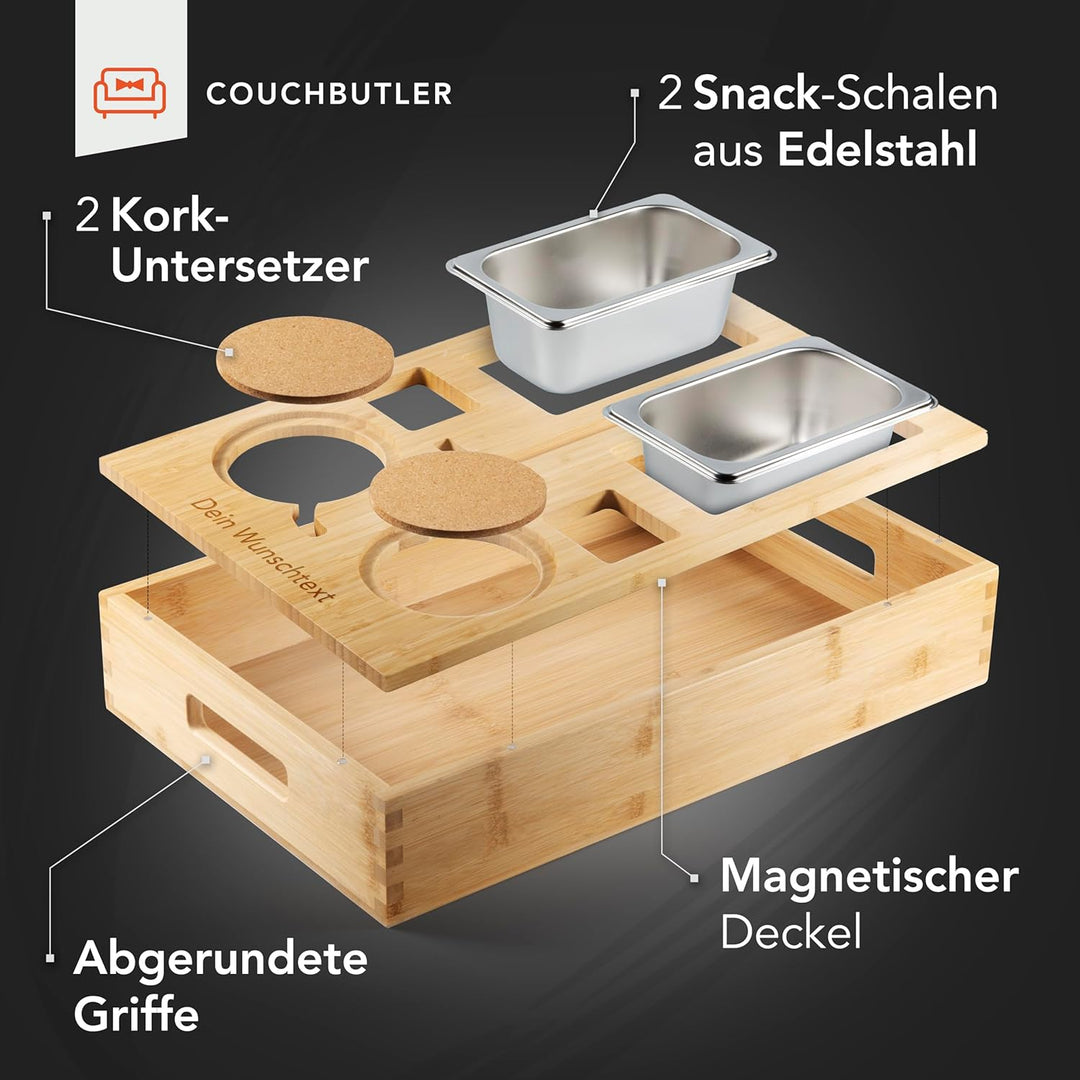 NewHabitat | Couchbar - Personalisierbare Snackbox aus Bambus mit Gravur | Sofa Tablett mit 2 Snacks