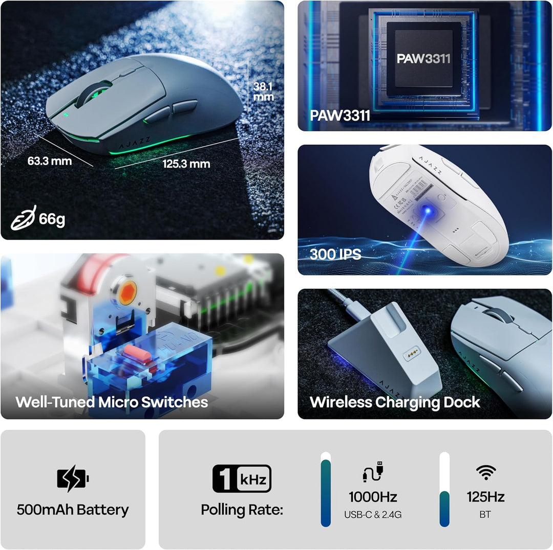 MechLands AJ139 V2 MC Gaming-Maus mit Ladestation, einstellbare 12000 DPI, PAW3311-Sensor, 3 Modi, k