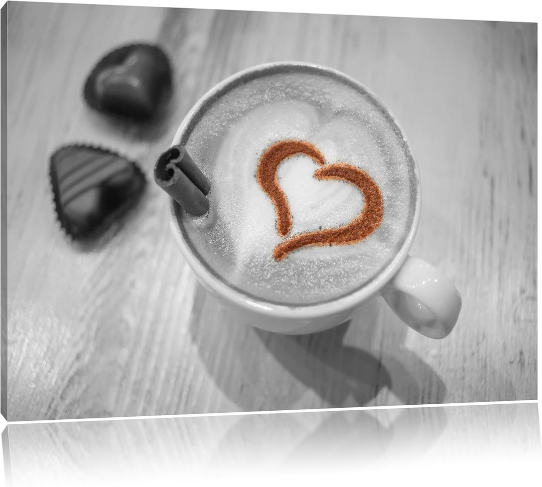 Leckerer Kaffee mit Herz schwarz/weiss Format: 100x70 auf Leinwand, XXL riesige Bilder fertig gerahm